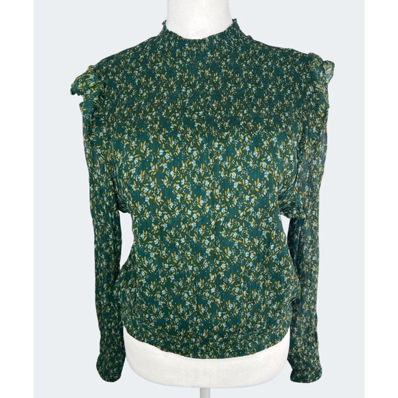 Free People Roma Forest Green Floral Sheer Mock Neck Long Sleeve Blouse Medium - Picture 7 of 15